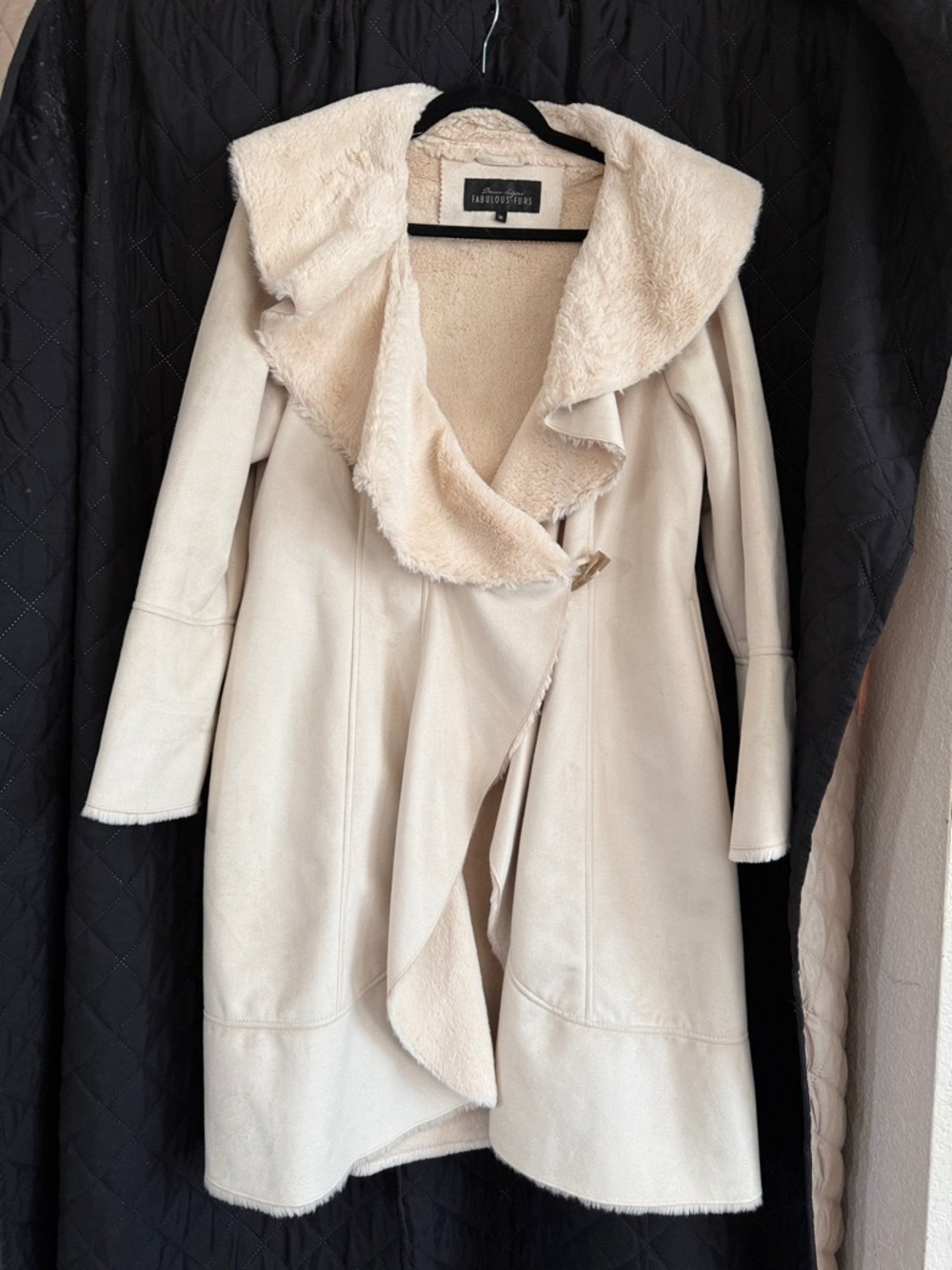 Donna Salyers Fabulous Furs Faux Suede Shearling Waterfall Coat M Ivory